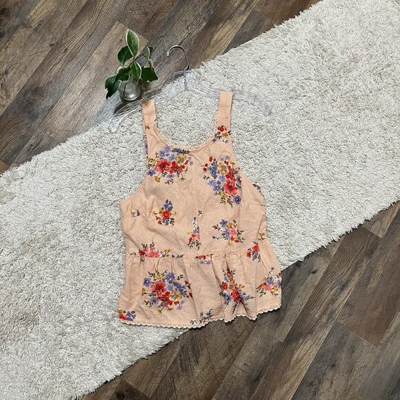 American Eagle Medium Peach Floral Lace Crochet Trim Linen Peplum Tank Top - Picture 2 of 6